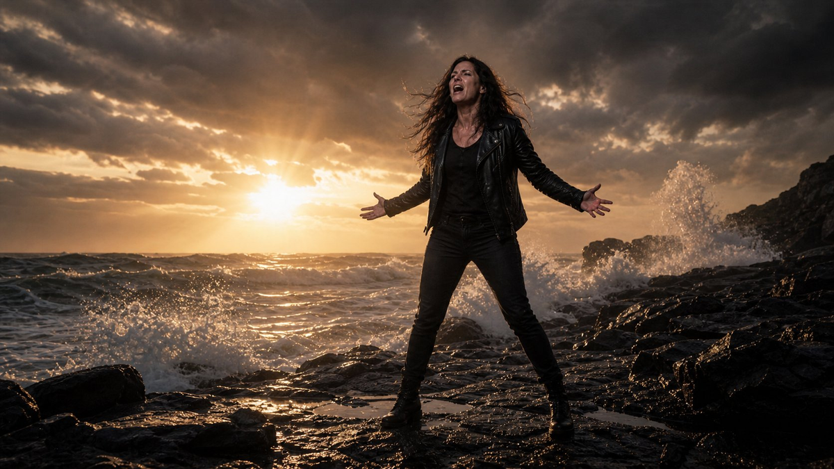 Velia B.-Music – Bühnenszene am Ozean, Southern Rock Sängerin bei Sonnenuntergang